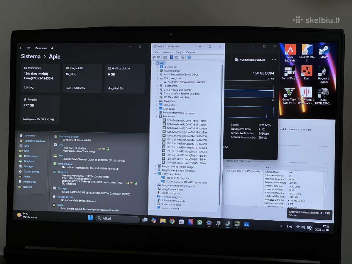 Parduodamas Msi Gf63 su Rtx 4050, I5-12k, 144hz. - nuotraukos Nr. 8