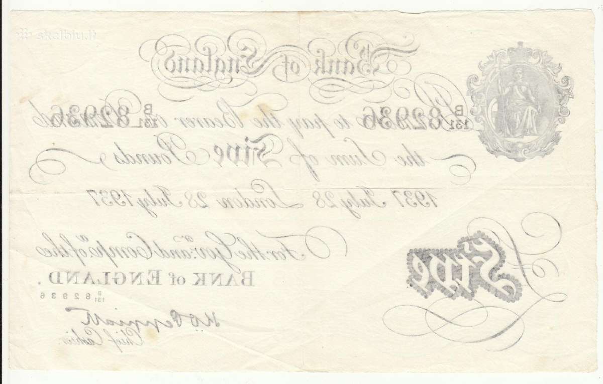 Anglija 5 funtai 1937 m. - nuotraukos Nr. 2