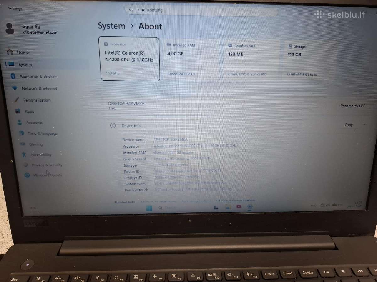 Lenovo V130. Celeron N4000, 4gb ddr3, 120gb SSD - nuotraukos Nr. 2