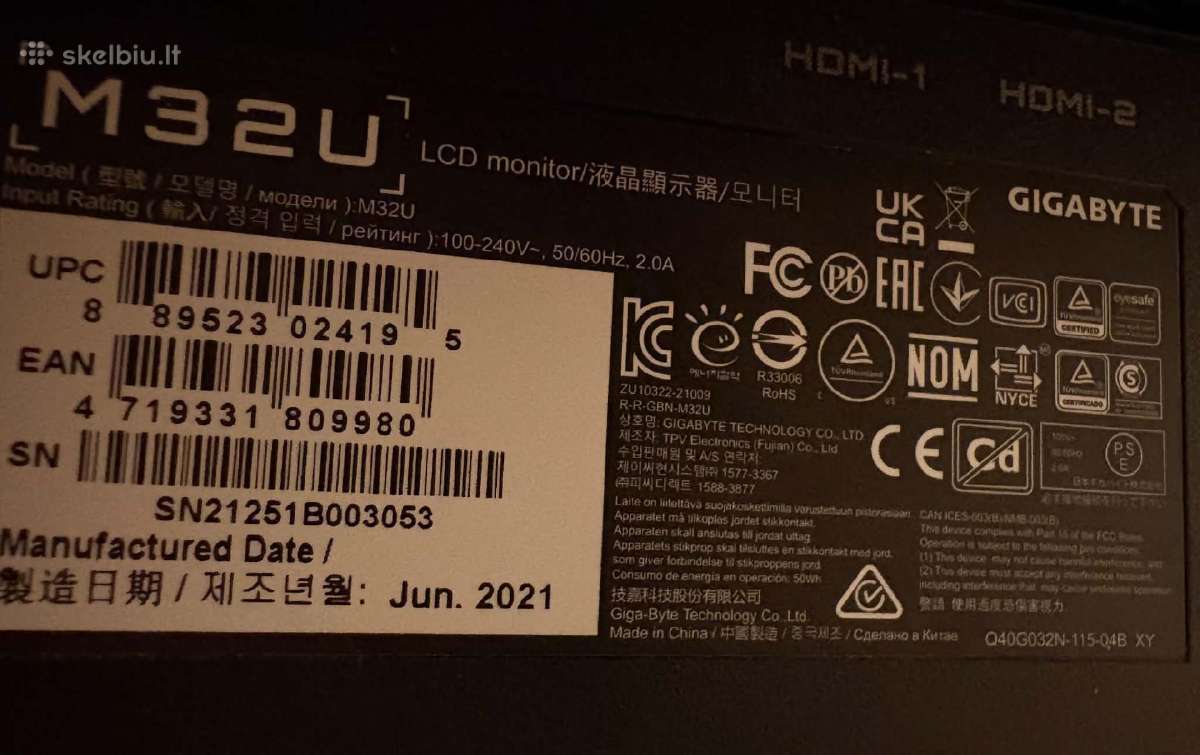 32" Gigabyte M32u 4k Ips 144hz žaidimų monitorius - nuotraukos Nr. 2