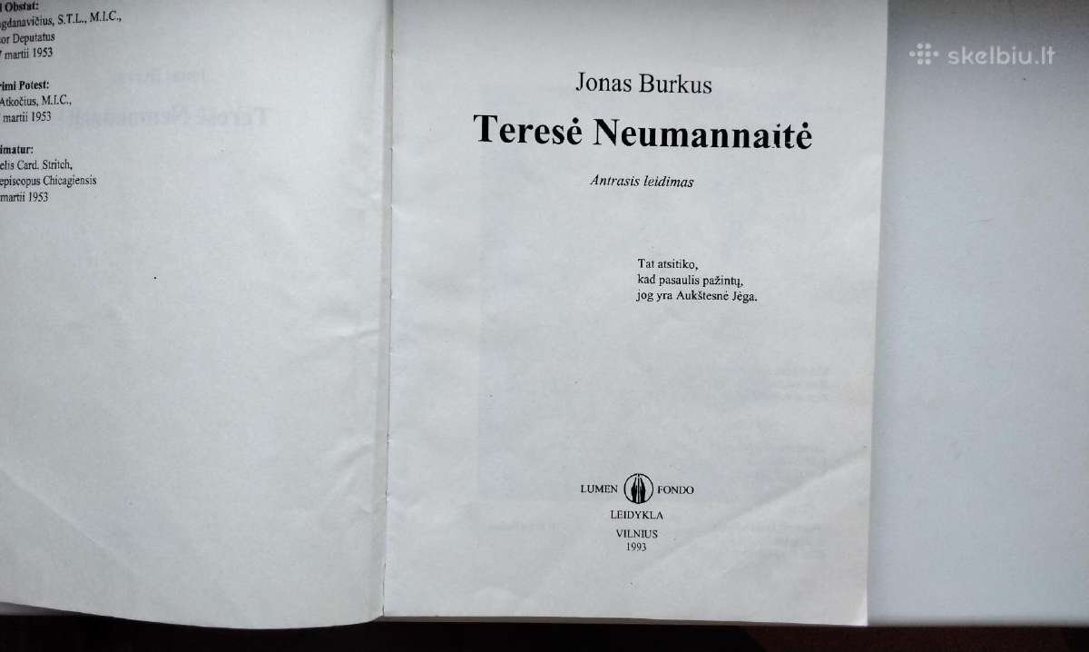 J. Burkus. Teresė Neumannaitė. 1993 m. leid. - nuotraukos Nr. 2