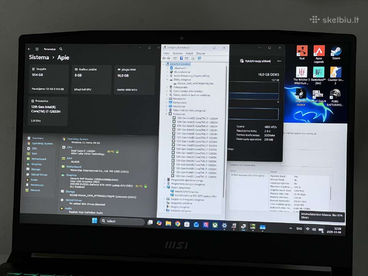 Parduodamas Msi Katana su Rtx 4070, I7-12k, 1tb. - nuotraukos Nr. 8