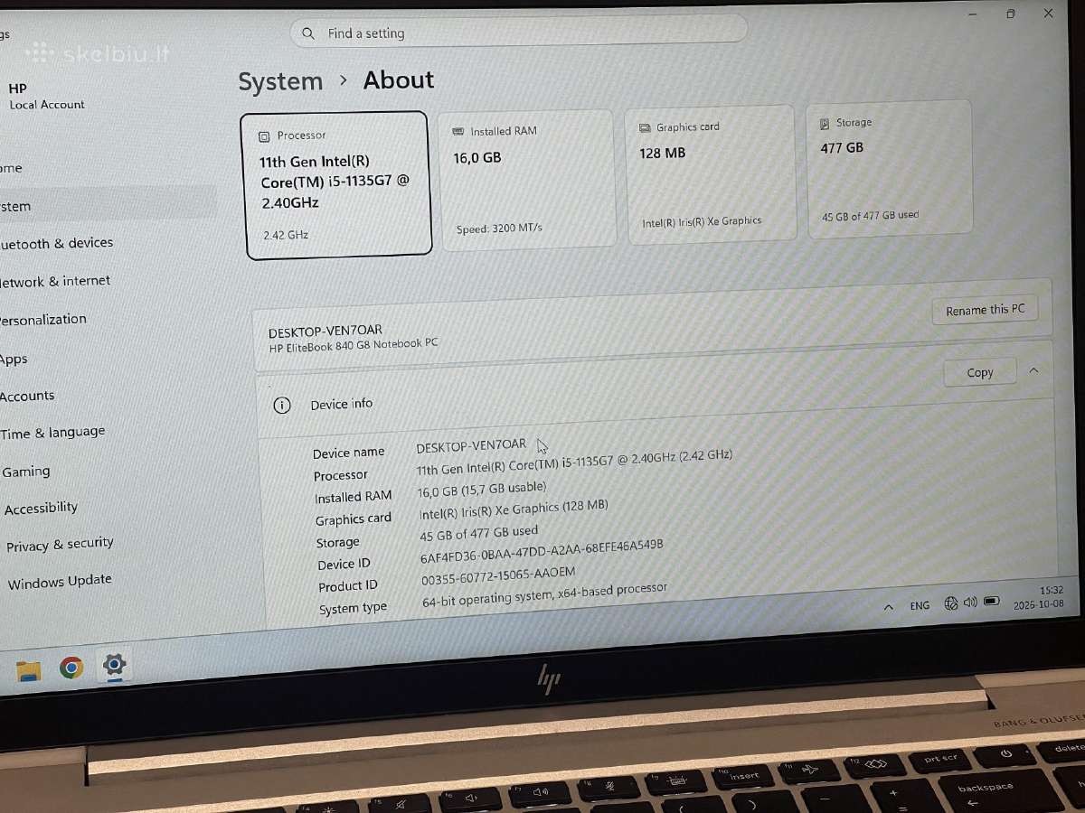 Hp Elitebook 840 g8 i5 16gb 512ssd su garantija - nuotraukos Nr. 4
