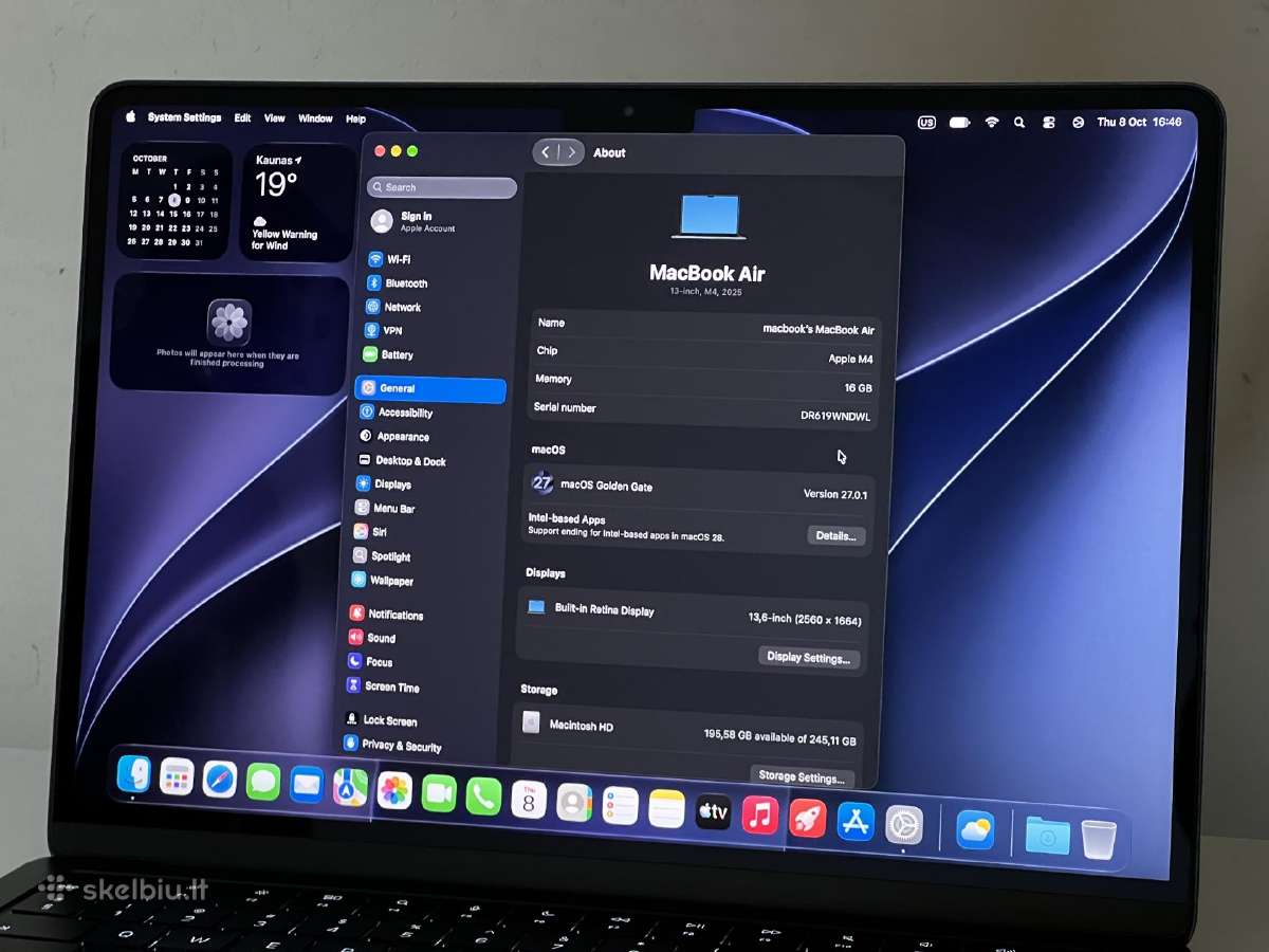 Parduodamas MacBook Air 13 su Apple M4, 16gb/256gb - nuotraukos Nr. 8