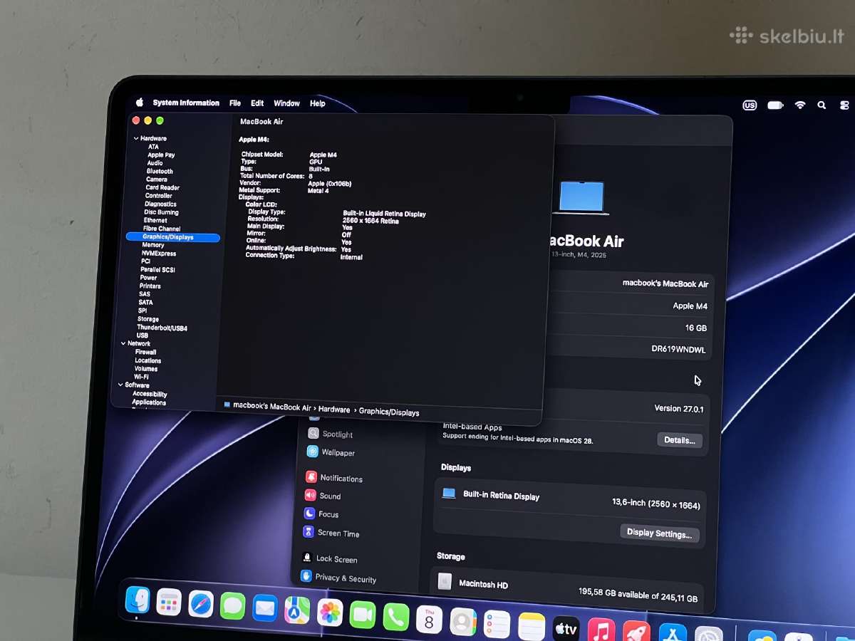 Parduodamas MacBook Air 13 su Apple M4, 16gb/256gb - nuotraukos Nr. 9