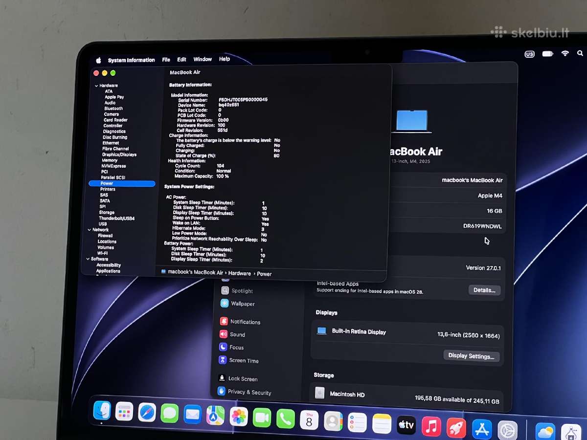 Parduodamas MacBook Air 13 su Apple M4, 16gb/256gb - nuotraukos Nr. 12