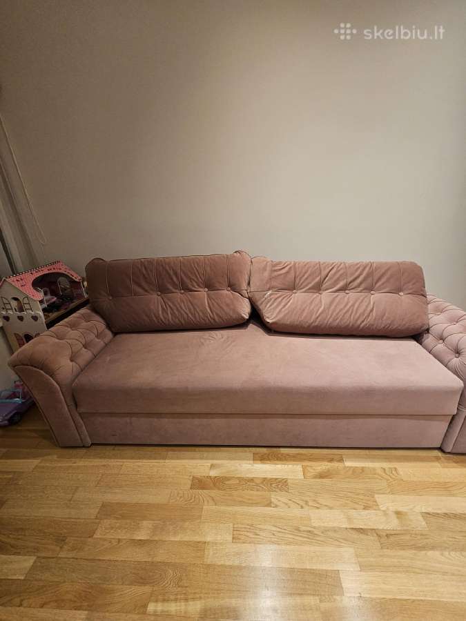Šviesiai rožinė velvetinė sofa-lova. - nuotraukos Nr. 3