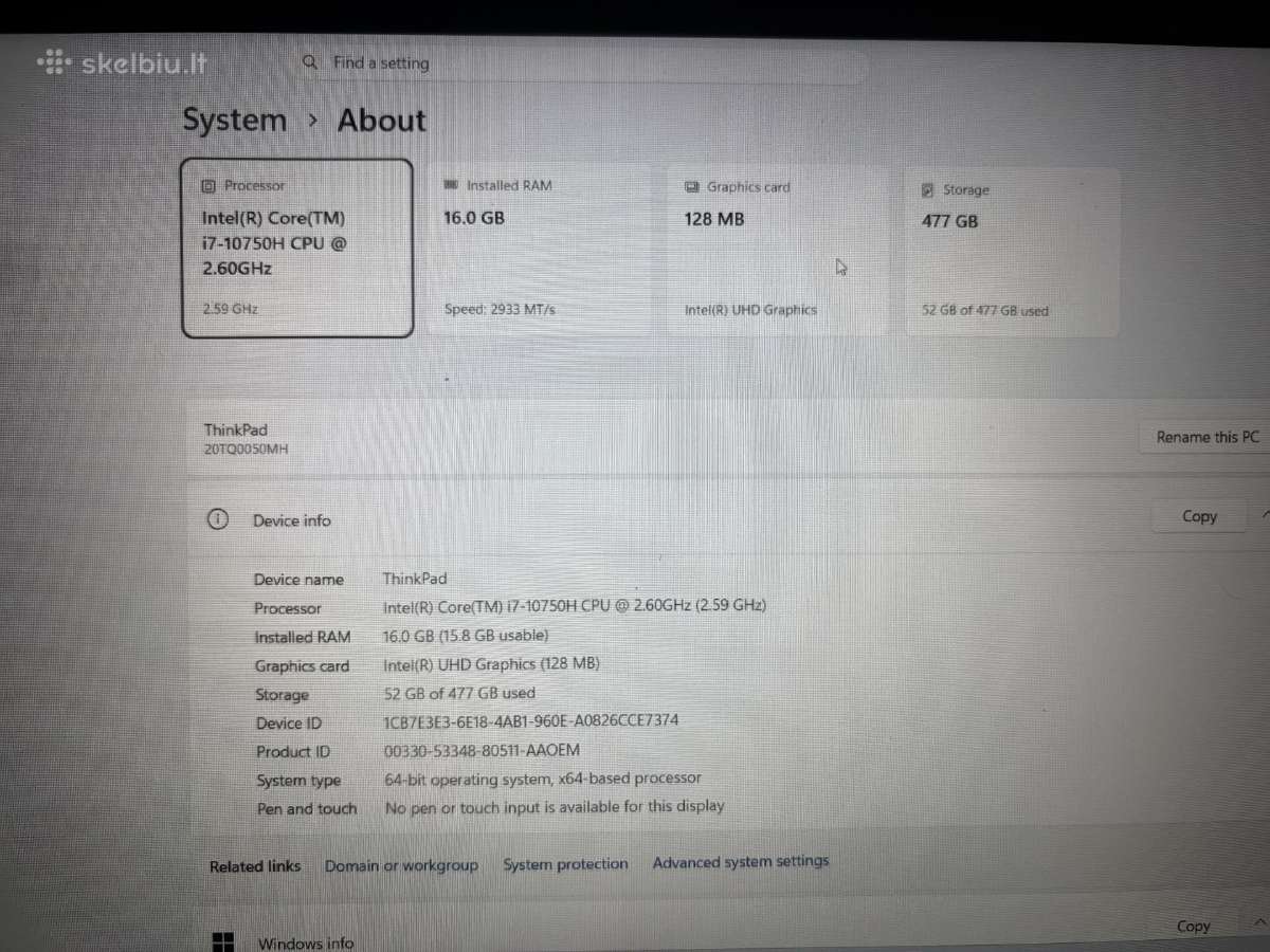 Lenovo Thinkpad P15v i7 10750h 16ram/512ssd - nuotraukos Nr. 5