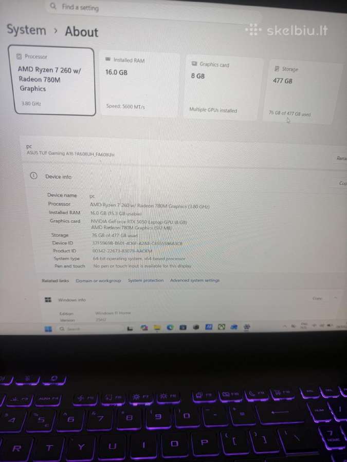 Asus Tuf Gaming A16 Rtx 5050 8gb - nuotraukos Nr. 9