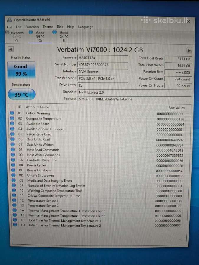 Verbatim Vi7000g Nvme M.2 SSD 1tb Pcie 4.0 - nuotraukos Nr. 2