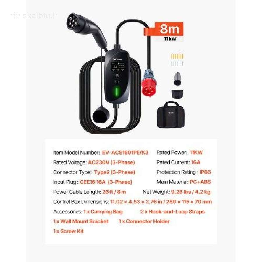 Nešiojamas 11 kw Ev įkroviklis su 8 m kabeliu - nuotraukos Nr. 7