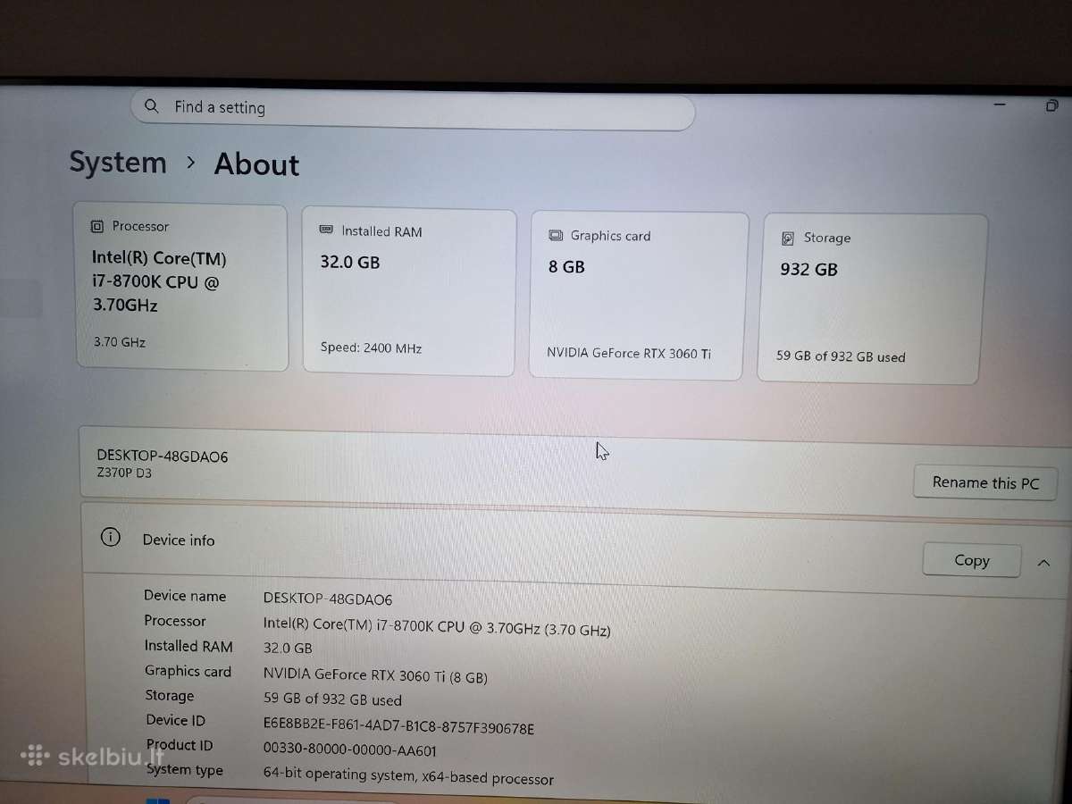 Žaidimų Pc i7-8700k Rtx 3060 Ti 8gb 32gb RAM - nuotraukos Nr. 8