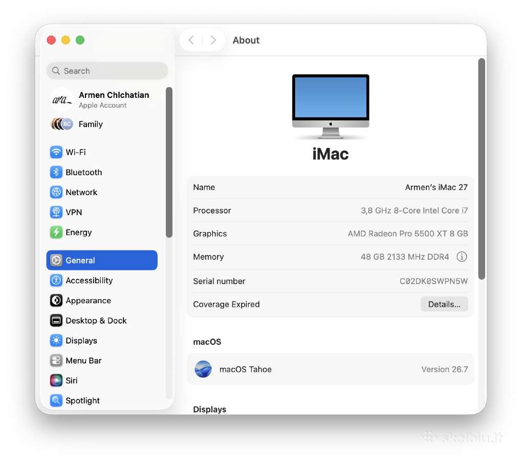 Apple iMac 27 Retina 5k (2020), i7, 48 GB RAM - nuotraukos Nr. 5
