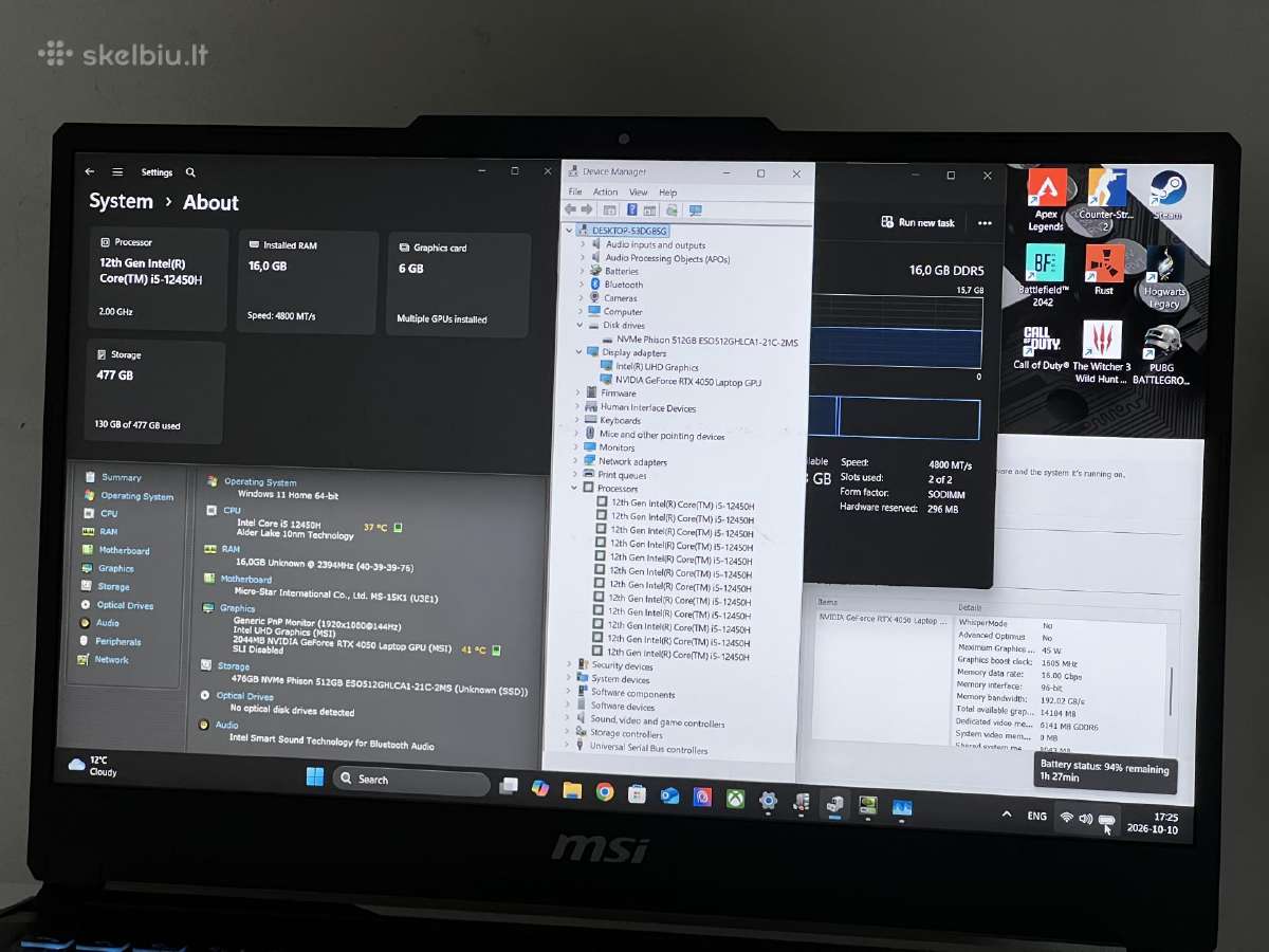 Parduodamas Msi Cyborg su Rtx 4050, I5-12k, 144hz. - nuotraukos Nr. 8