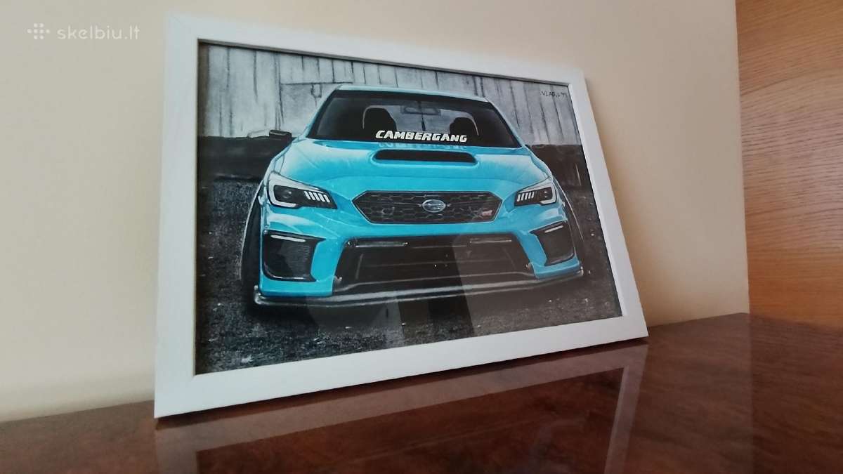 Rankų darbo Subaru Sti piešinys su rėmeliu (A4) - nuotraukos Nr. 2