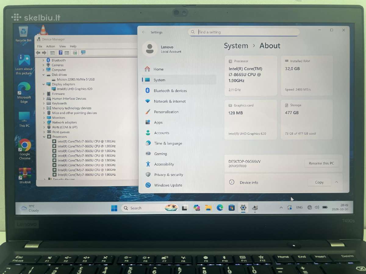Lenovo thinkpad T490s i7-8/32gb/512nvme - nuotraukos Nr. 2
