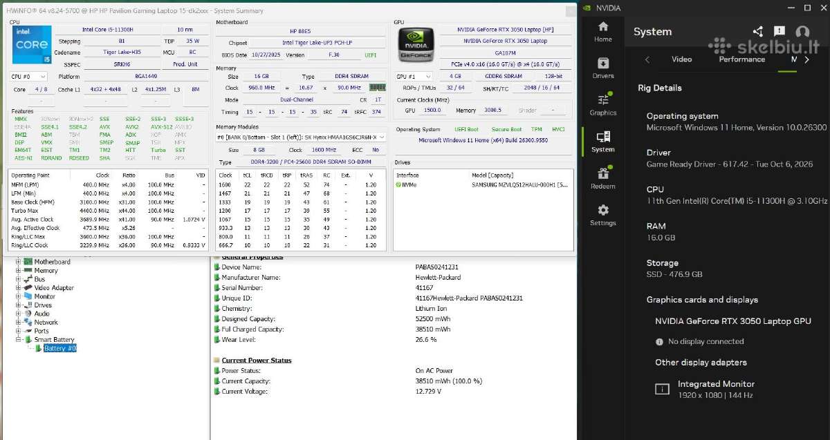 Hp Pavilion Gaming 15, i5-11gen, Rtx 3050, Idealus - nuotraukos Nr. 7