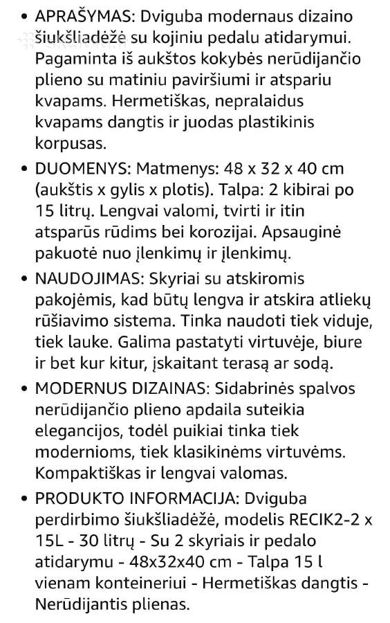 Šiukšliadėžė, šiukšlių konteineris 2-15l,(30l) - nuotraukos Nr. 4