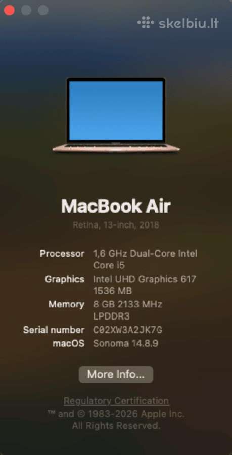 MacBook Air 13" 2018 i5 8 GB RAM 256 GB SSD - nuotraukos Nr. 5