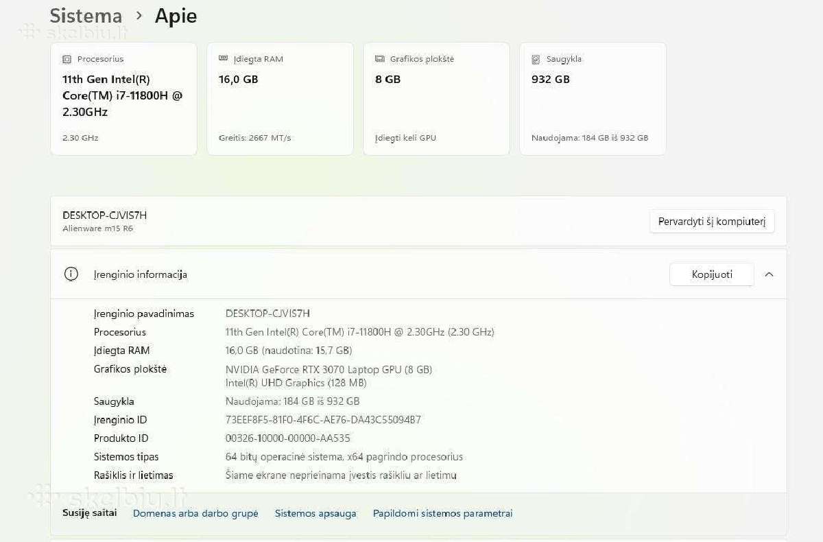 Alienware m15 R6 / i7 / Rtx 3070 / 16gb / 1tb. - nuotraukos Nr. 6