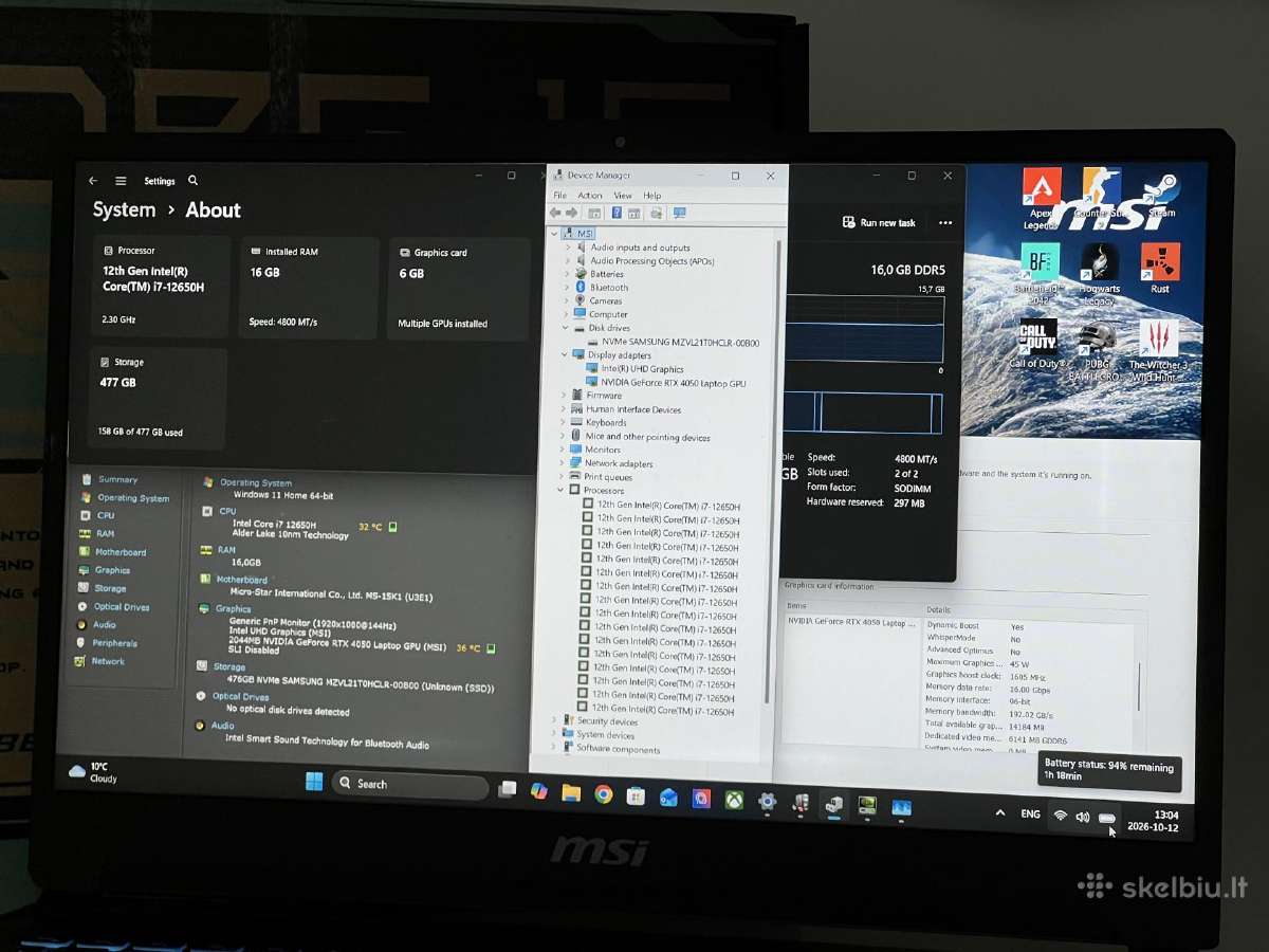 Parduodamas Msi Cyborg su Rtx 4050, I7-12k, 144hz. - nuotraukos Nr. 8