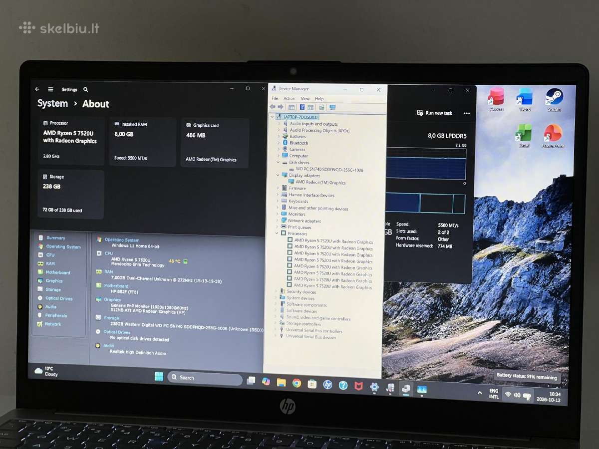 Parduodamas Hp 15 su Ryzen 5-7k, Ddr5, 8gb/256gb. - nuotraukos Nr. 8
