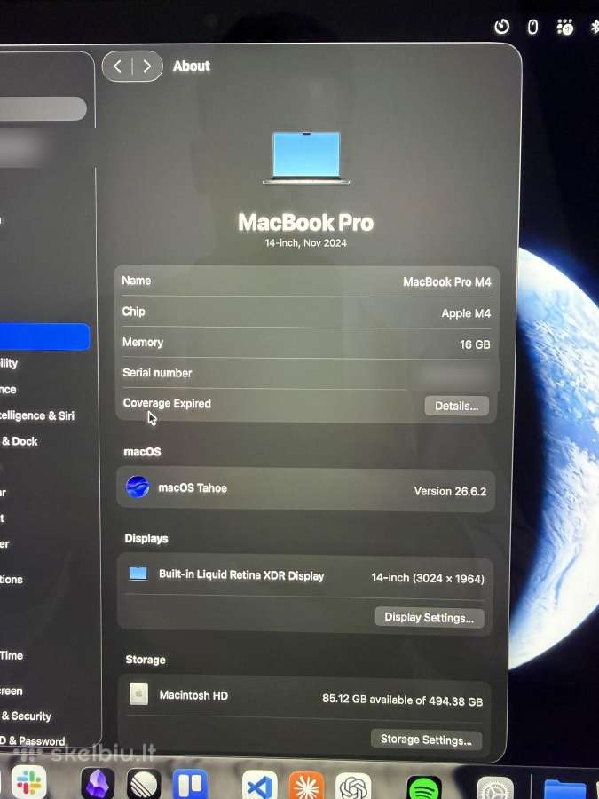 MacBook Pro 14 M4 16gb/512gb Space Black, bat 100% - nuotraukos Nr. 9