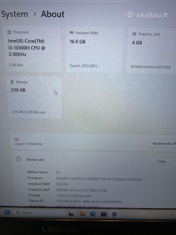 Lenovo Legion (Gtx 1650 4gb, 16gb RAM, i5 2.50ghz) - nuotraukos Nr. 2