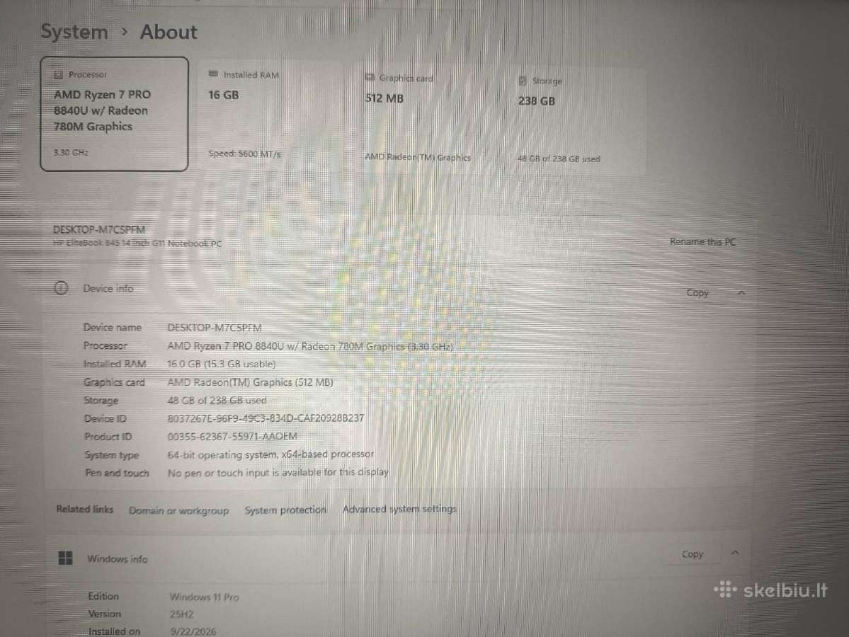 Elite 845 G11 14" Ryzen 7 8840u 16/256gb 24 mėn ga - nuotraukos Nr. 4
