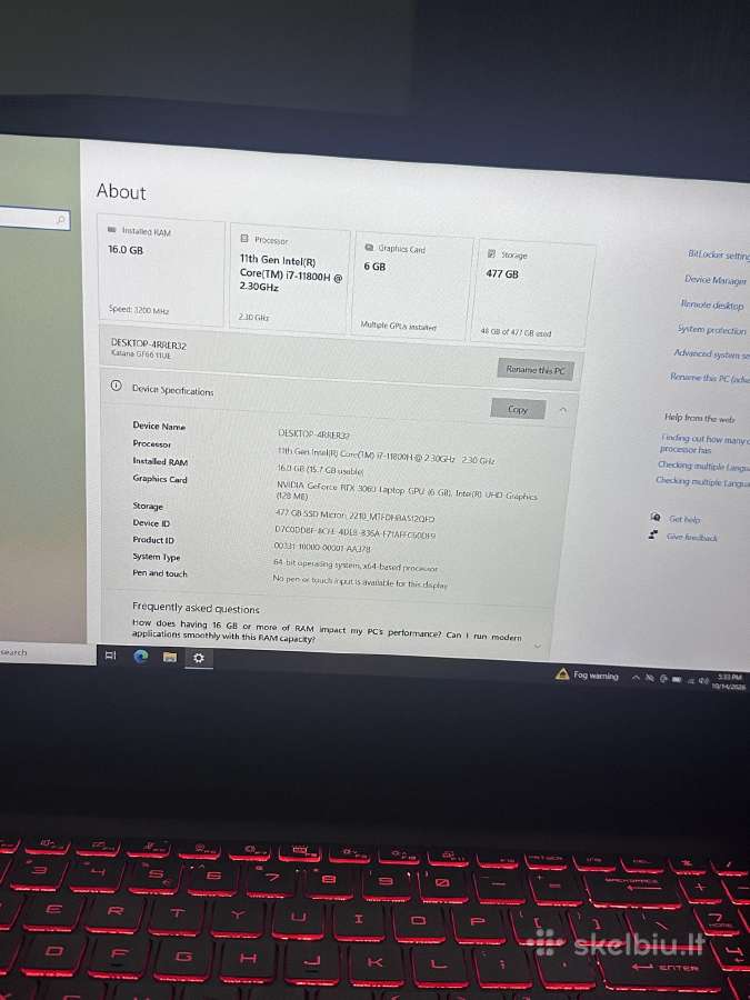 Msi Katana Gf66 i7 Rtx 3060 16gb RAM - nuotraukos Nr. 3