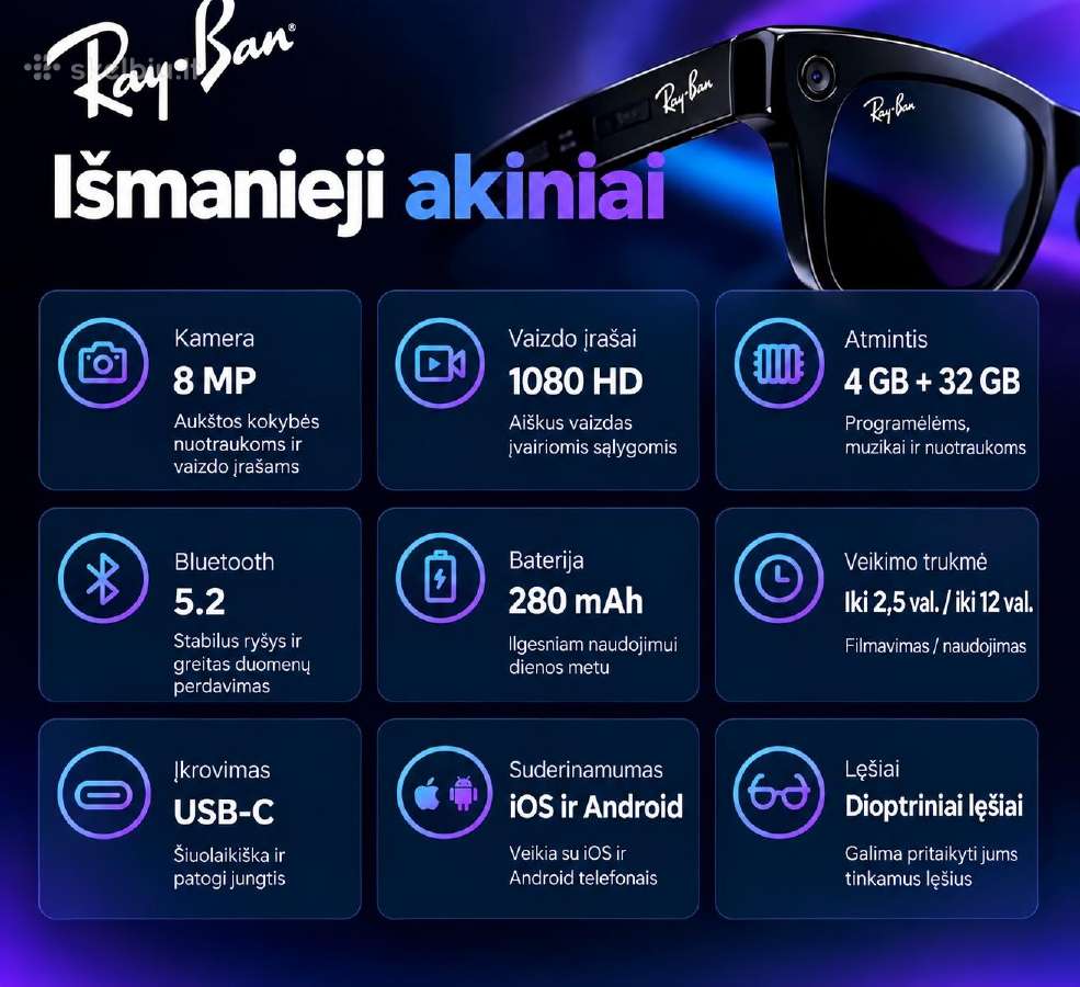 Išmanieji akiniai Ray Meta Gen - 2 1080p - nuotraukos Nr. 2