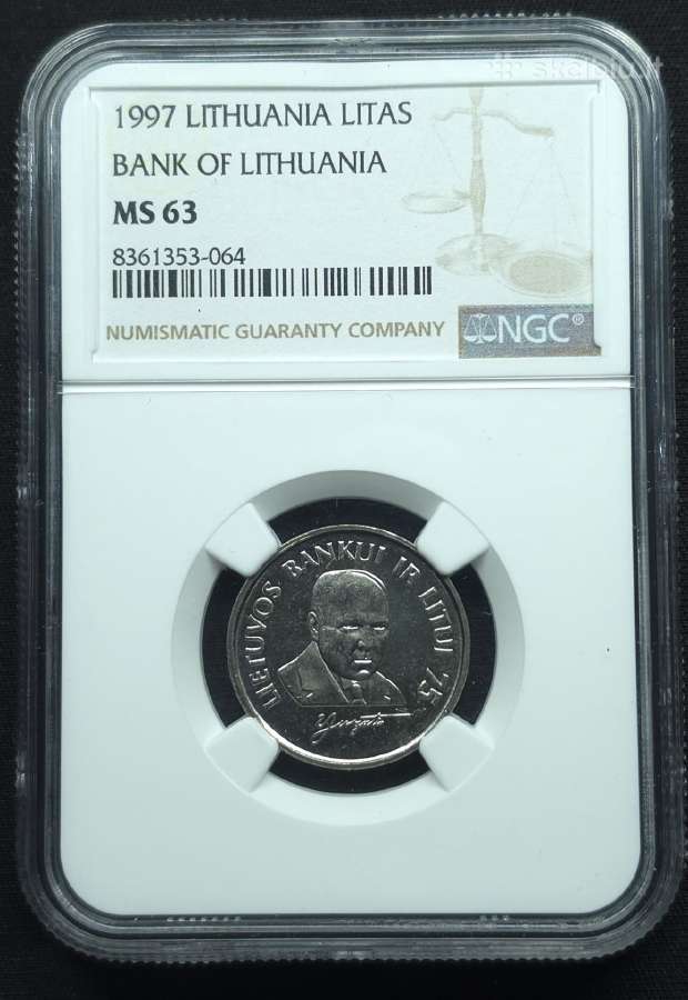 1 litas 1997 m. Ngc Ms 63 Lietuvos bankui 75 - nuotraukos Nr. 2