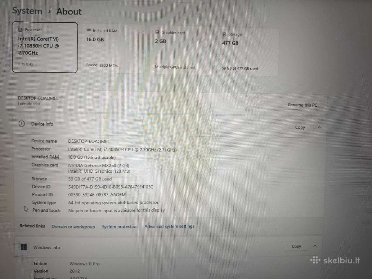 15.6 Ips i7-10850h 16gb 512gb Mx 250 2gb 47% - nuotraukos Nr. 5