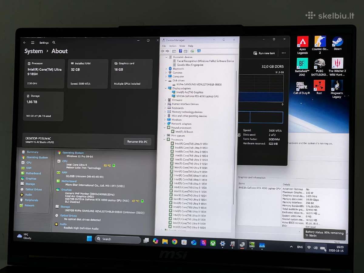 Parduodamas Msi Stealth su Rtx 4090, 4k, 32gb/2tb. - nuotraukos Nr. 8