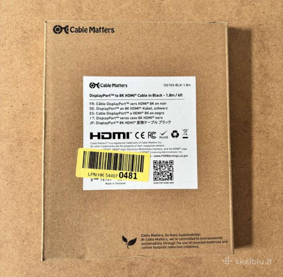 Cable Matters 8k Displayport to Hdmi Cable 1.8m - nuotraukos Nr. 2