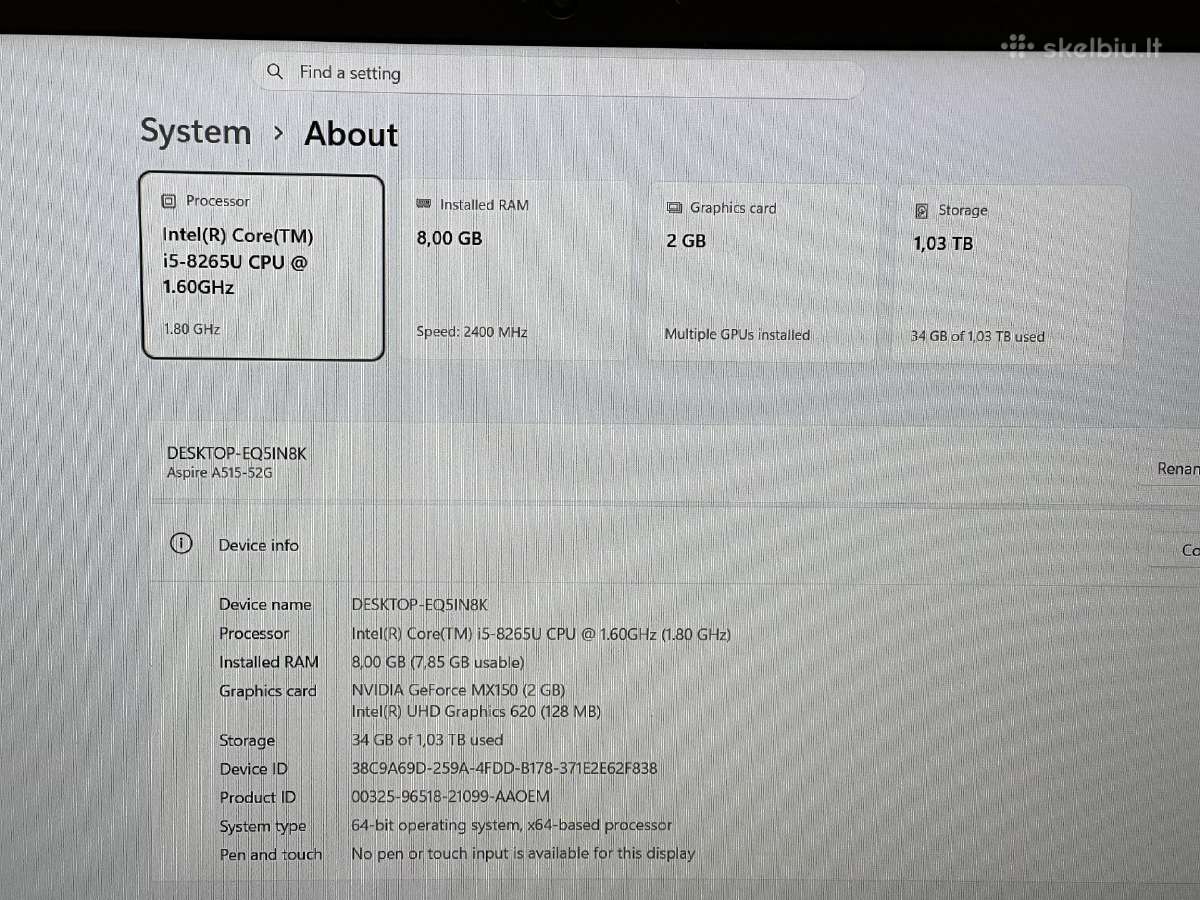 Acer A515 i5 8gb 2 diskai Nvidia Mx150 / garantija - nuotraukos Nr. 9