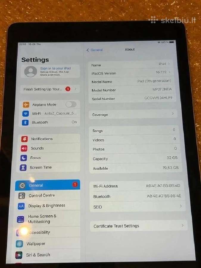 Apple iPad 5th Gen 32gb Wi-fi (87% Battery) - nuotraukos Nr. 4
