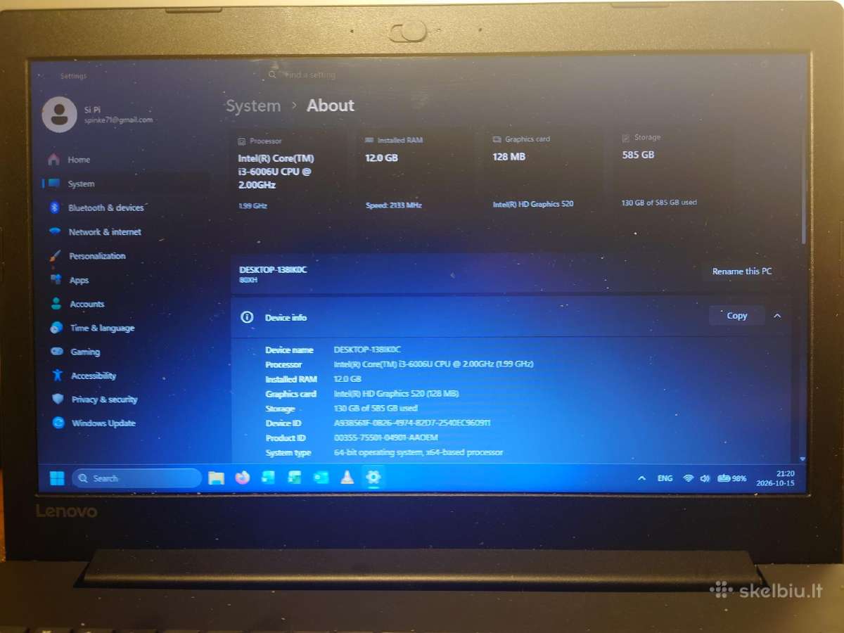 Lenovo Ideapad 32015isk 12gb RAM 120gb SSD 500hdd - nuotraukos Nr. 2