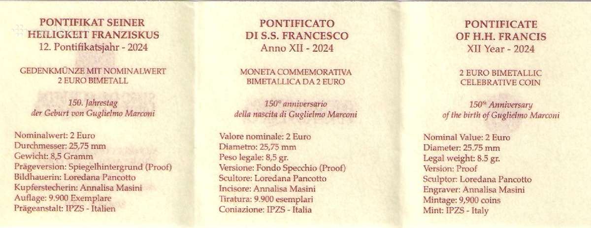 2 euro Vatikanas 2024 Guglielmo Marconi Proof - nuotraukos Nr. 4