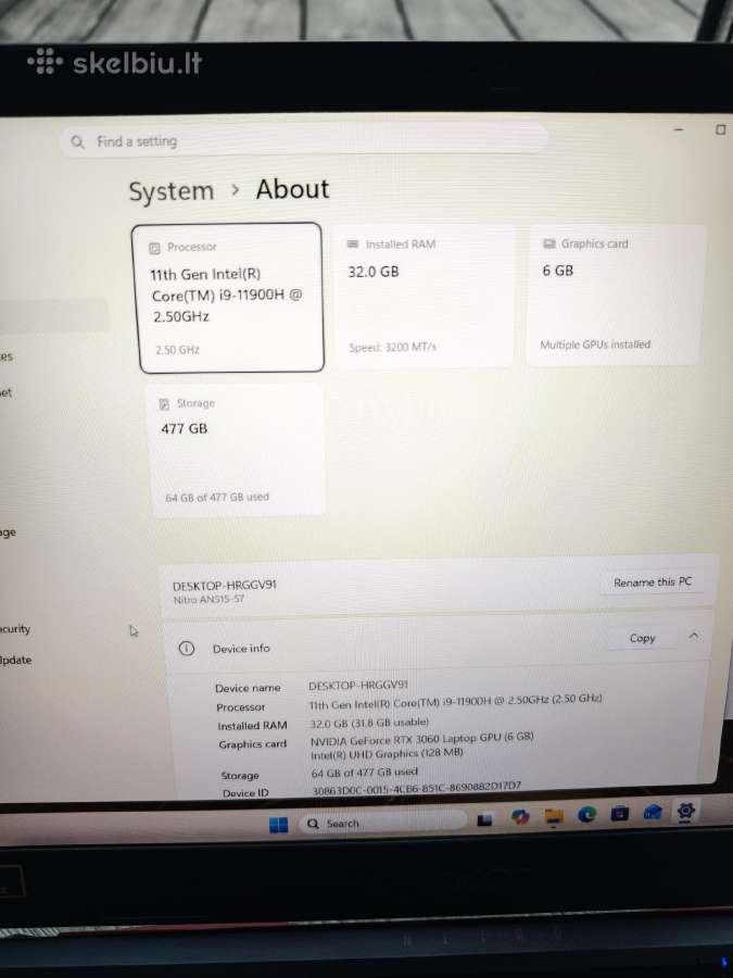 Acer Nitro 5, i9, Rtx 3060, 32 GB RAM - nuotraukos Nr. 2