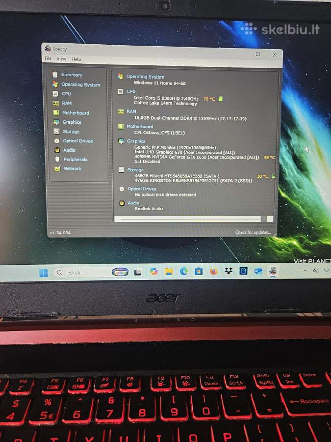 Acer Nitro 5 Gtx 1650 16gb RAM - nuotraukos Nr. 3