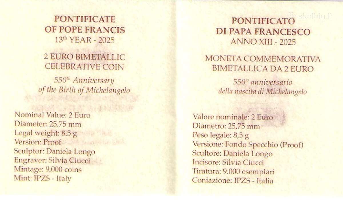2 euro moneta Vatikanas 2025 Michelangelo Proof - nuotraukos Nr. 2