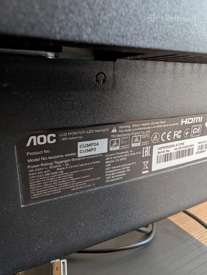 Lenktas monitorius Aoc Cu34p2a 34" Ultrawide Wqhd - nuotraukos Nr. 5