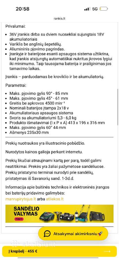 Makita medzio pjuklas Dhs900z 250eur - nuotraukos Nr. 5