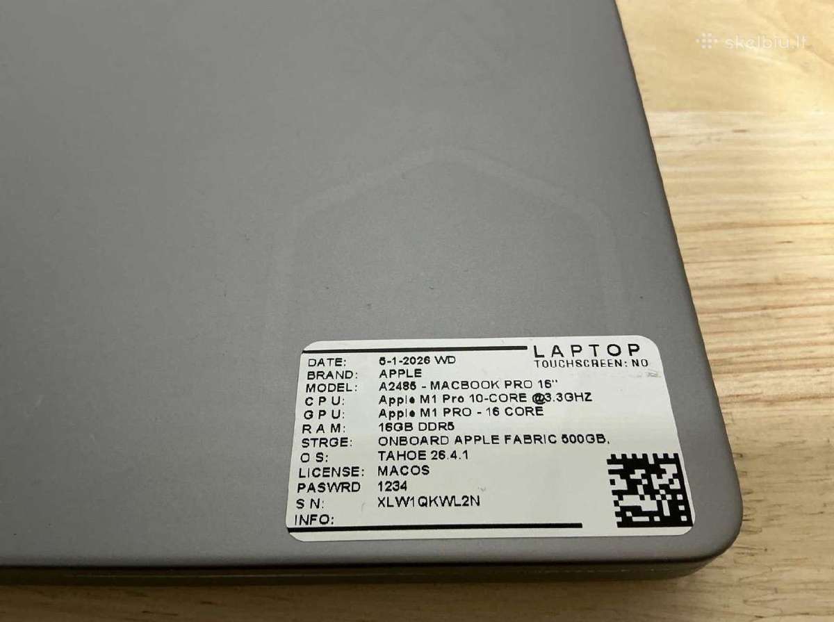 Apple MacBook Pro 16 M1 Pro / 16 GB / 500 GB SSD - nuotraukos Nr. 6