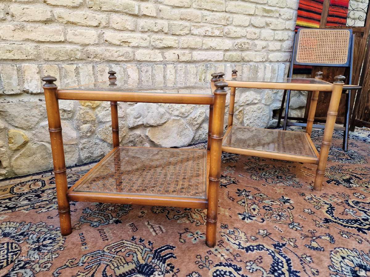 Vintažiniai medžio masyvo staliukai su ratangu - nuotraukos Nr. 11
