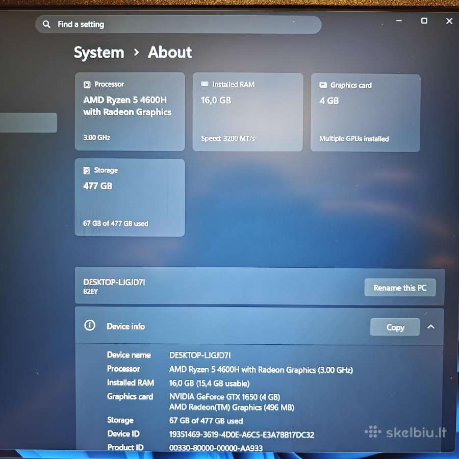 Lenovo Ideapad Gaming 3 4600h/16gb/512ssd/gtx 1650 - nuotraukos Nr. 7