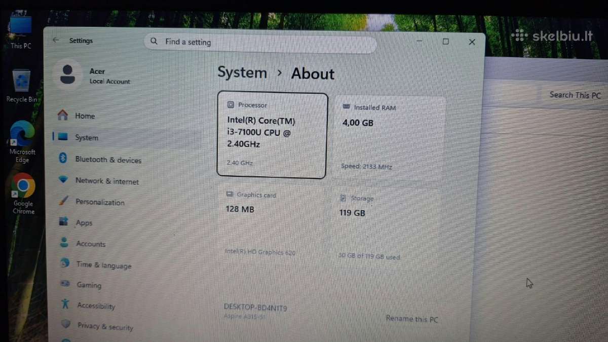 Acer Aspire 3 i3(7)/win11/128gbssd - nuotraukos Nr. 7