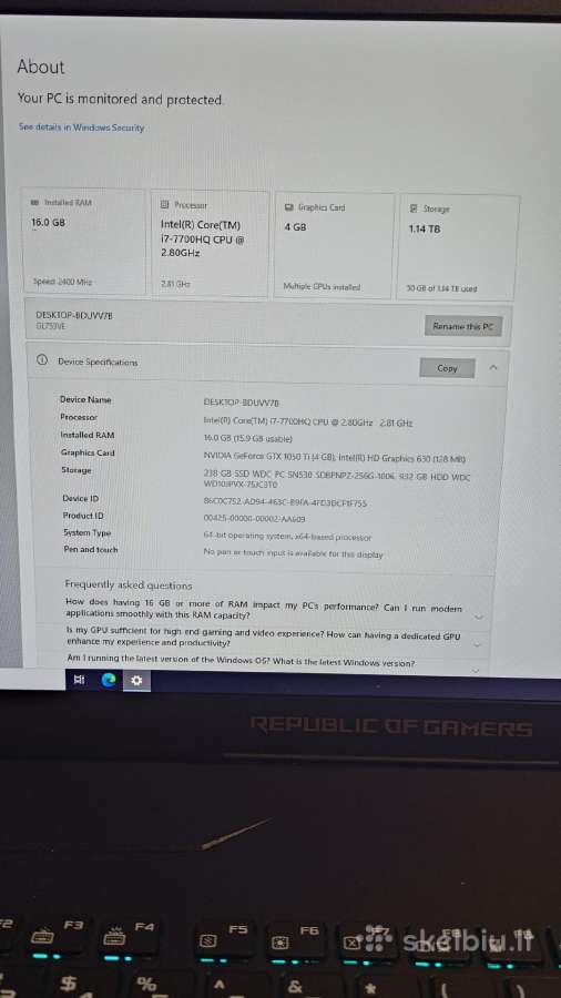 Asus Rog Strix Gl753v i7-7700hq 16gb Gtx1050ti - nuotraukos Nr. 4