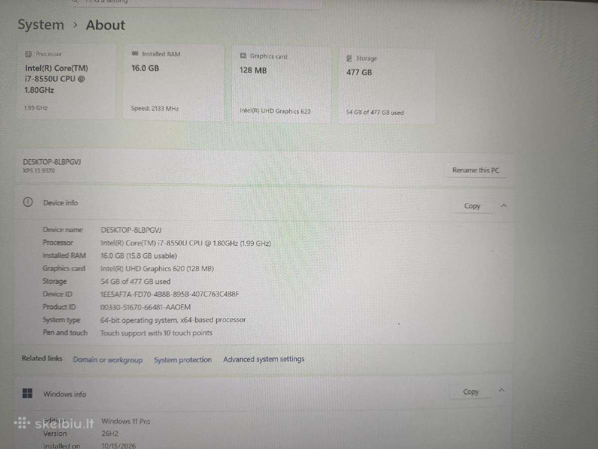 Xps 13.3 4k Touch i7-8550u 16gb 512gb SSD 14% - nuotraukos Nr. 5